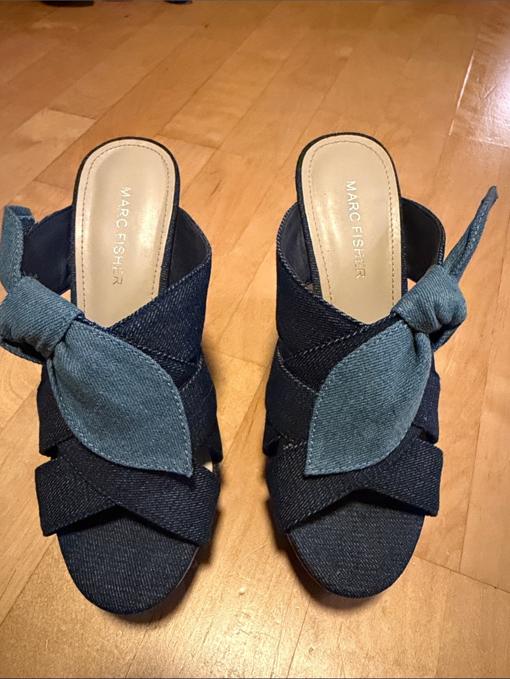 Marc Fisher Two-Tone Denim Knot Slide Mules - Dark Blue & Light Blue